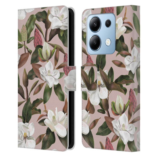 Anis Illustration Magnolias Pattern Light Pink Leather Book Wallet Case Cover For Xiaomi Redmi Note 13/13 Pro 5G