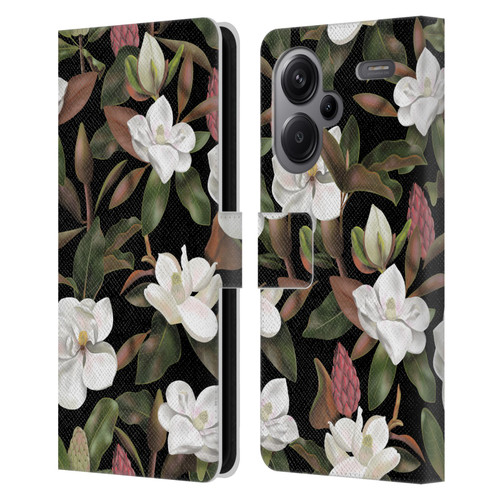 Anis Illustration Magnolias Pattern Black Leather Book Wallet Case Cover For Xiaomi Redmi Note 13 Pro Plus 5G