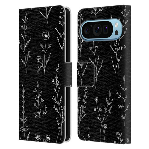 Anis Illustration Wildflowers Black Leather Book Wallet Case Cover For Google Pixel 9 / Pixel 9 Pro