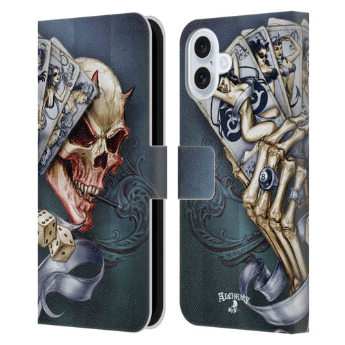 Alchemy Gothic Skull And Cards Read 'Em And Weep Leather Book Wallet Case Cover For Apple iPhone 16 Plus