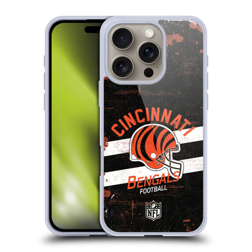 NFL Cincinnati Bengals Logo Art Helmet Distressed Soft Gel Case for Apple iPhone 16 Pro