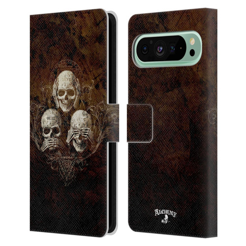 Alchemy Gothic Skull No Evil Three Skull Leather Book Wallet Case Cover For Google Pixel 9 Pro XL