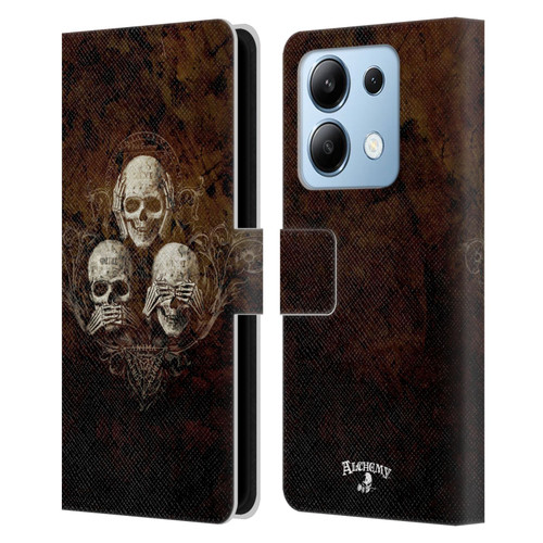 Alchemy Gothic Skull No Evil Three Skull Leather Book Wallet Case Cover For Xiaomi Redmi Note 13/13 Pro 5G