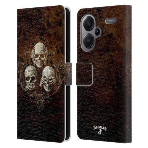 Alchemy Gothic Skull No Evil Three Skull Leather Book Wallet Case Cover For Xiaomi Redmi Note 13 Pro Plus 5G