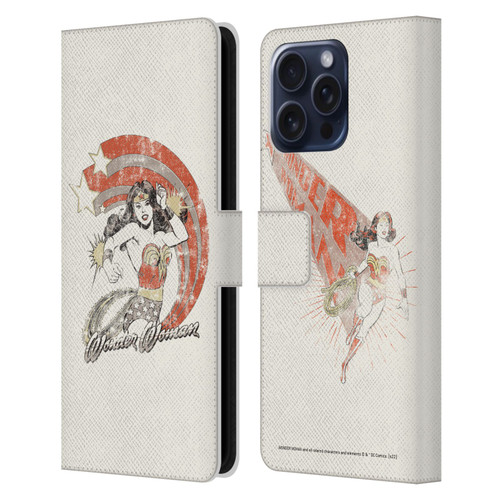 Wonder Woman DC Comics Vintage Art Distressed Leather Book Wallet Case Cover For Apple iPhone 16 Pro Max