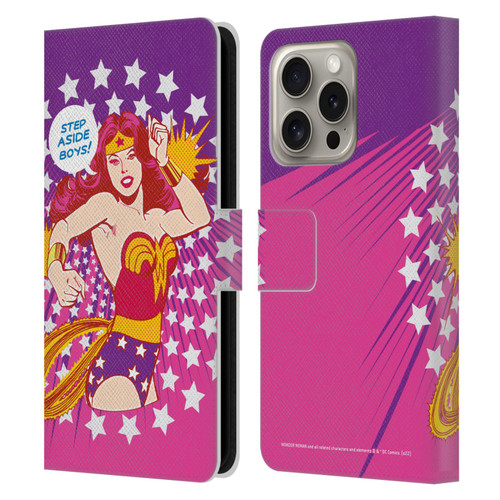 Wonder Woman DC Comics Vintage Art Step Aside Leather Book Wallet Case Cover For Apple iPhone 16 Pro