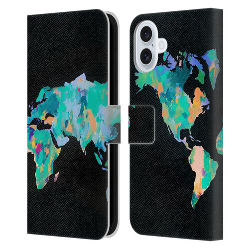 Mai Autumn Paintings World Map Leather Book Wallet Case Cover For Apple iPhone 16 Plus