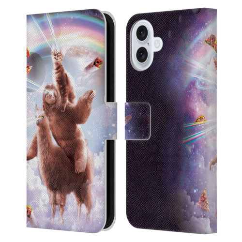 Random Galaxy Space Llama Sloth & Cat Lazer Eyes Leather Book Wallet Case Cover For Apple iPhone 16 Plus