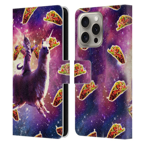 Random Galaxy Space Llama Warrior Cat & Tacos Leather Book Wallet Case Cover For Apple iPhone 16 Pro
