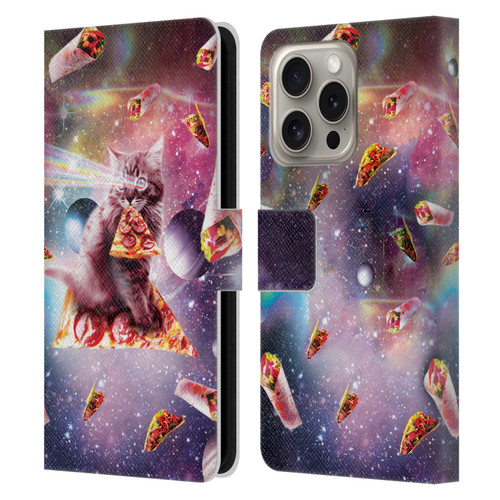 Random Galaxy Space Pizza Ride Outer Space Lazer Cat Leather Book Wallet Case Cover For Apple iPhone 16 Pro