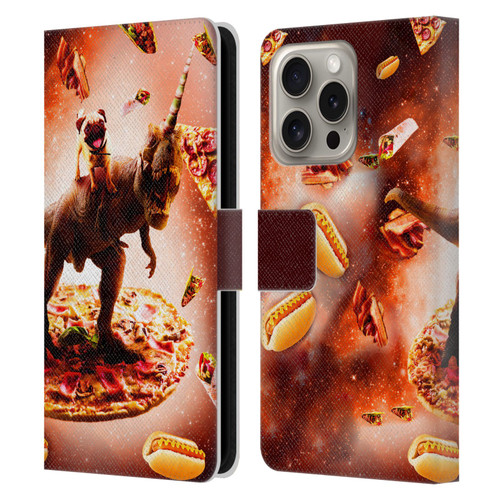 Random Galaxy Space Pizza Ride Pug & Dinosaur Unicorn Leather Book Wallet Case Cover For Apple iPhone 16 Pro