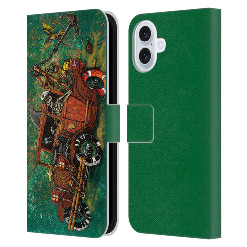 David Lozeau Skeleton Grunge Tiki Towing Leather Book Wallet Case Cover For Apple iPhone 16 Plus