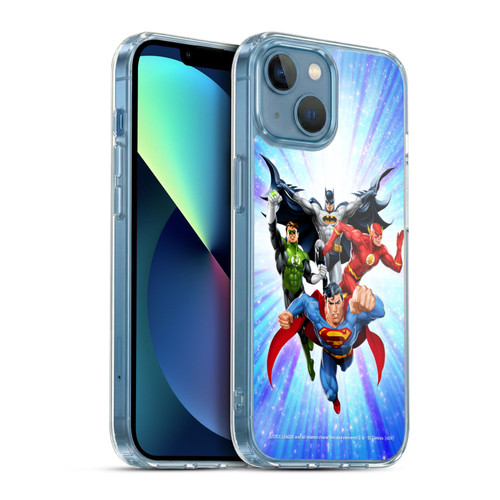 Justice League DC Comics Airbrushed Heroes Blue Purple Soft Gel Case for Apple iPhone 13 Mini & MagSafe