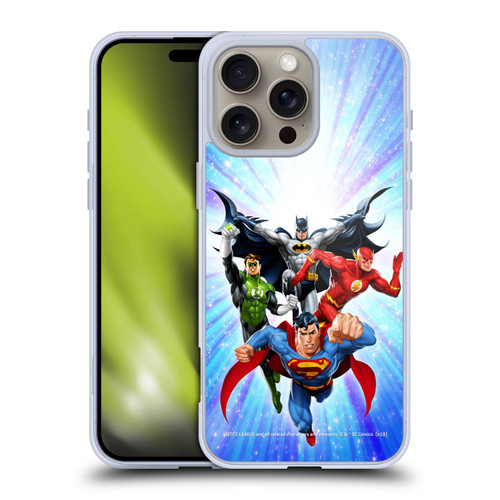 Justice League DC Comics Airbrushed Heroes Blue Purple Soft Gel Case for Apple iPhone 16 Pro Max