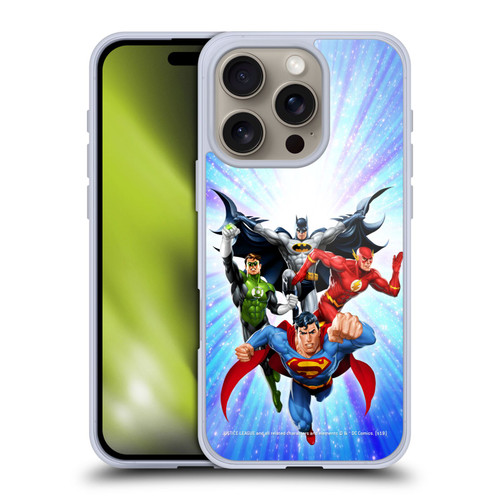 Justice League DC Comics Airbrushed Heroes Blue Purple Soft Gel Case for Apple iPhone 16 Pro