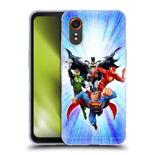 Justice League DC Comics Airbrushed Heroes Blue Purple Soft Gel Case for Samsung Galaxy Xcover7 5G