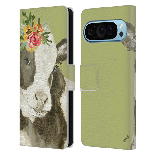 Haley Bush Floral Painting Holstein Cow Leather Book Wallet Case Cover For Google Pixel 9 / Pixel 9 Pro