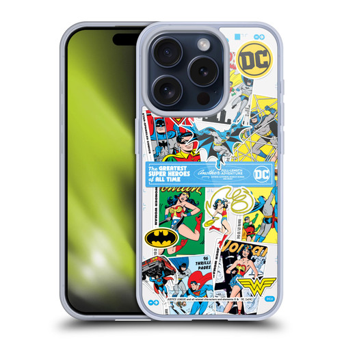 Justice League DC Comics 90th Anniversary Sticker Collage Soft Gel Case for Apple iPhone 15 Pro
