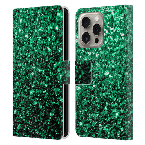 PLdesign Glitter Sparkles Emerald Green Leather Book Wallet Case Cover For Apple iPhone 16 Pro