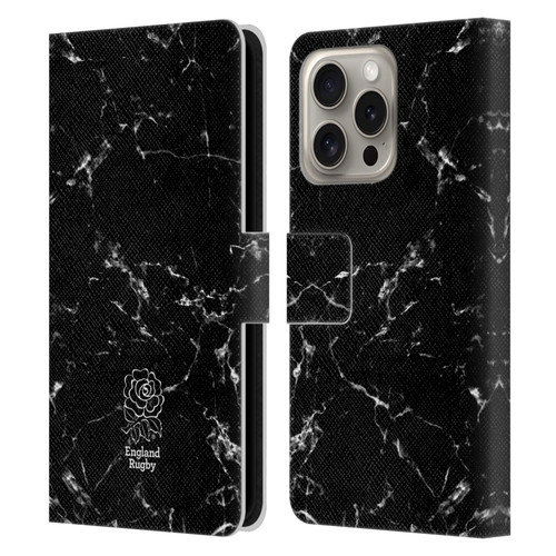 England Rugby Union Marble Black Leather Book Wallet Case Cover For Apple iPhone 16 Pro