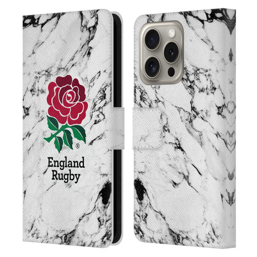 England Rugby Union Marble White Leather Book Wallet Case Cover For Apple iPhone 16 Pro