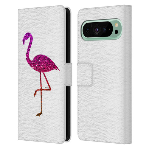 PLdesign Sparkly Flamingo Orange Pink Leather Book Wallet Case Cover For Google Pixel 9 Pro XL
