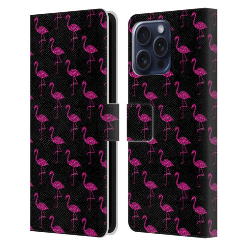 PLdesign Sparkly Flamingo Pink Pattern On Black Leather Book Wallet Case Cover For Apple iPhone 16 Pro Max