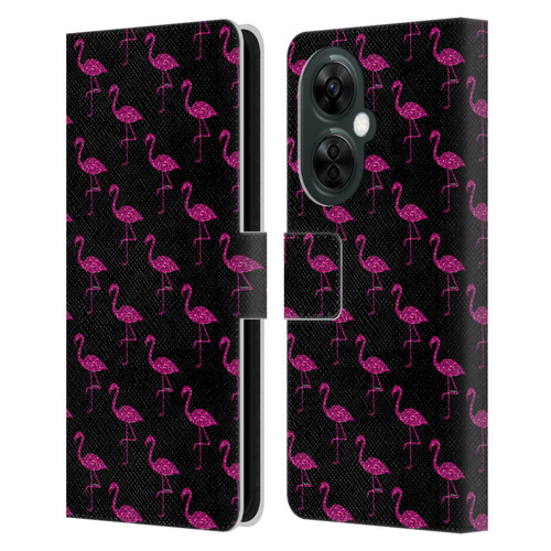 PLdesign Sparkly Flamingo Pink Pattern On Black Leather Book Wallet Case Cover For OnePlus Nord CE 3 Lite 5G