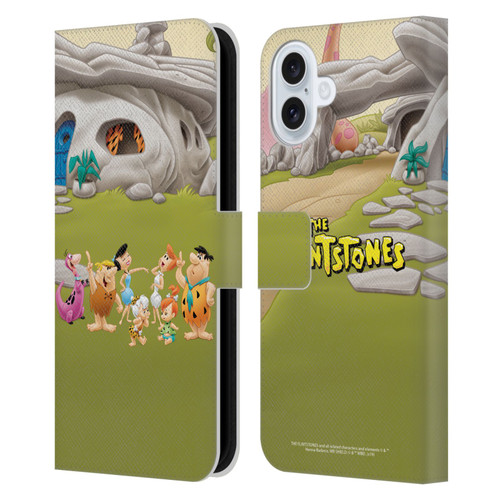 The Flintstones Characters Stone House Leather Book Wallet Case Cover For Apple iPhone 16 Plus