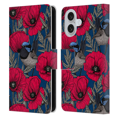 Katerina Kirilova Floral Patterns Fairy Wrens & Poppies Leather Book Wallet Case Cover For Apple iPhone 16