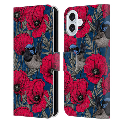 Katerina Kirilova Floral Patterns Fairy Wrens & Poppies Leather Book Wallet Case Cover For Apple iPhone 16 Plus