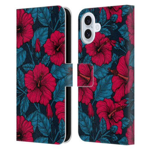 Katerina Kirilova Floral Patterns Red Hibiscus Leather Book Wallet Case Cover For Apple iPhone 16 Plus