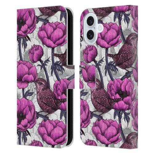 Katerina Kirilova Floral Patterns Wrens In Anemone Garden Leather Book Wallet Case Cover For Apple iPhone 16 Plus