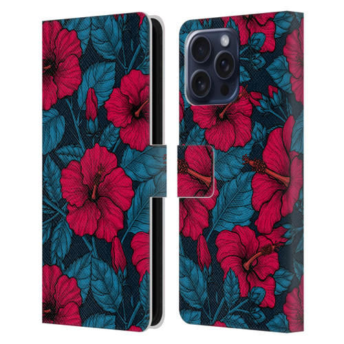 Katerina Kirilova Floral Patterns Red Hibiscus Leather Book Wallet Case Cover For Apple iPhone 16 Pro Max