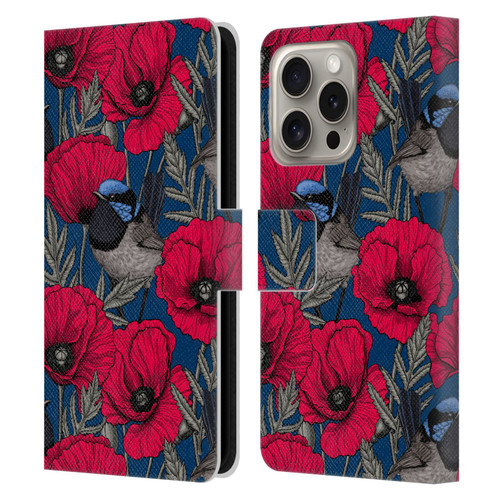 Katerina Kirilova Floral Patterns Fairy Wrens & Poppies Leather Book Wallet Case Cover For Apple iPhone 16 Pro