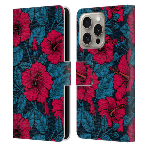 Katerina Kirilova Floral Patterns Red Hibiscus Leather Book Wallet Case Cover For Apple iPhone 16 Pro