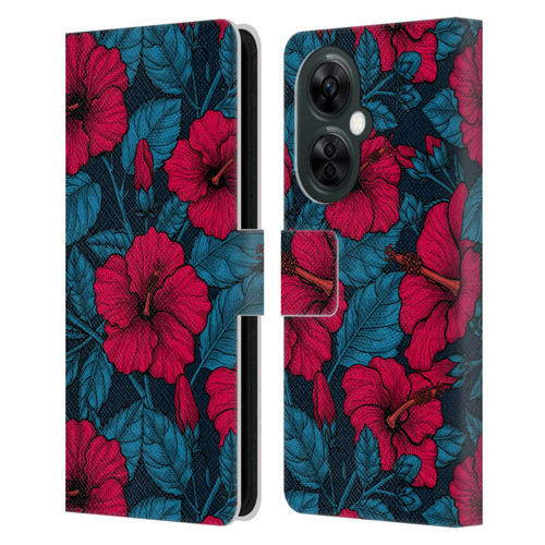Katerina Kirilova Floral Patterns Red Hibiscus Leather Book Wallet Case Cover For OnePlus Nord CE 3 Lite 5G