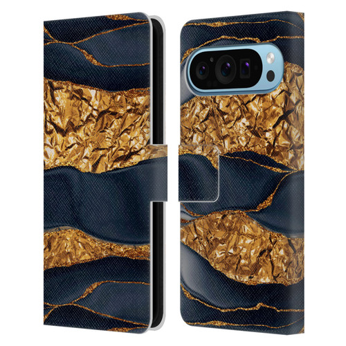 UtArt Dark Night Marble Gold Foil And Ink Leather Book Wallet Case Cover For Google Pixel 9 / Pixel 9 Pro