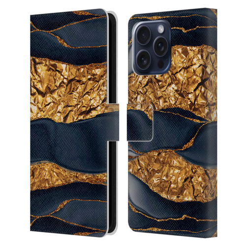 UtArt Dark Night Marble Gold Foil And Ink Leather Book Wallet Case Cover For Apple iPhone 16 Pro Max