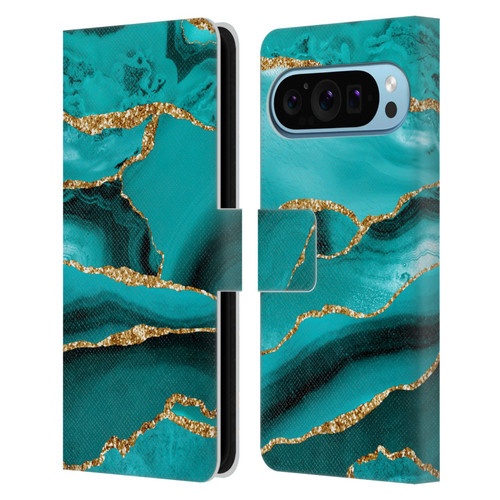 UtArt Malachite Emerald Aquamarine Gold Waves Leather Book Wallet Case Cover For Google Pixel 9 / Pixel 9 Pro