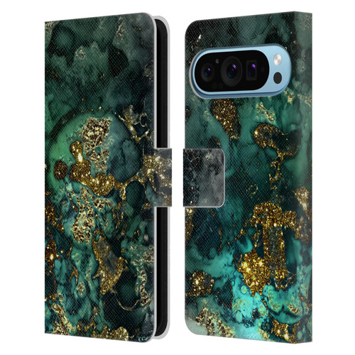 UtArt Malachite Emerald Gold And Seafoam Green Leather Book Wallet Case Cover For Google Pixel 9 / Pixel 9 Pro