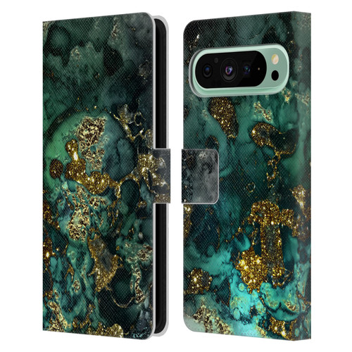 UtArt Malachite Emerald Gold And Seafoam Green Leather Book Wallet Case Cover For Google Pixel 9 Pro XL