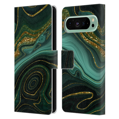UtArt Malachite Emerald Gilded Teal Leather Book Wallet Case Cover For Google Pixel 9 Pro XL
