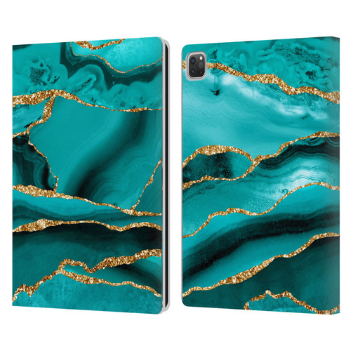 UtArt Malachite Emerald Aquamarine Gold Waves Leather Book Wallet Case Cover For Apple iPad Pro 13 M4 2024