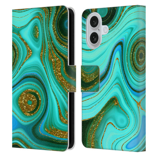 UtArt Malachite Emerald Liquid Gem Leather Book Wallet Case Cover For Apple iPhone 16