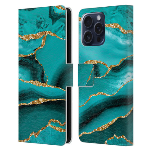 UtArt Malachite Emerald Aquamarine Gold Waves Leather Book Wallet Case Cover For Apple iPhone 16 Pro Max