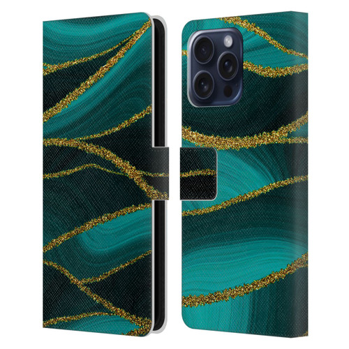 UtArt Malachite Emerald Turquoise Shimmers Leather Book Wallet Case Cover For Apple iPhone 16 Pro Max