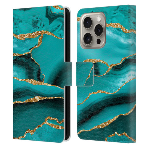 UtArt Malachite Emerald Aquamarine Gold Waves Leather Book Wallet Case Cover For Apple iPhone 16 Pro