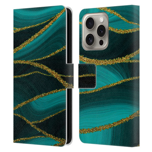 UtArt Malachite Emerald Turquoise Shimmers Leather Book Wallet Case Cover For Apple iPhone 16 Pro