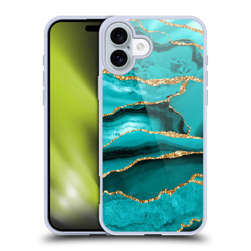 UtArt Malachite Emerald Aquamarine Gold Waves Soft Gel Case for Apple iPhone 16 Plus